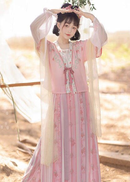 Pink Patchwork Chiffontwo Piece Set Embroideried Lace Up Flare Sleeve