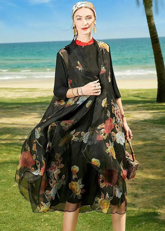 Black Stand Collar Patchwork Holiday Silk Two Pieces Set Summer