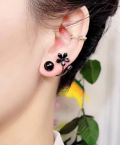 Fine Black Alloy Inlaid Gem Stone Stud Earrings