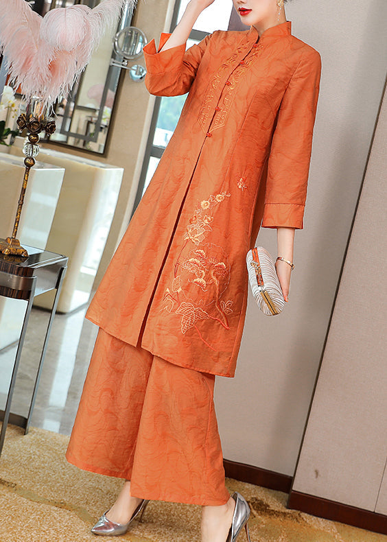 Orange Stand Collar Embroideried Silk Two Piece Set Fall
