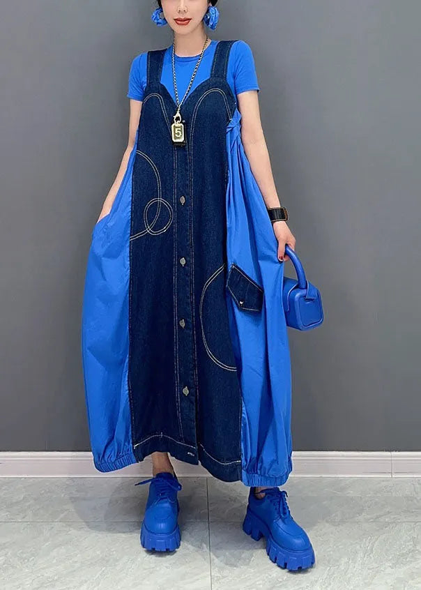 Blue Oversized Patchwork Cotton Denim Strap Dress Summer