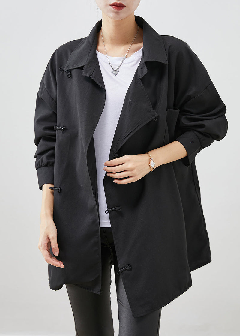 Black Peter Pan Collar Chinese Button Cotton Shirt Top Fall
