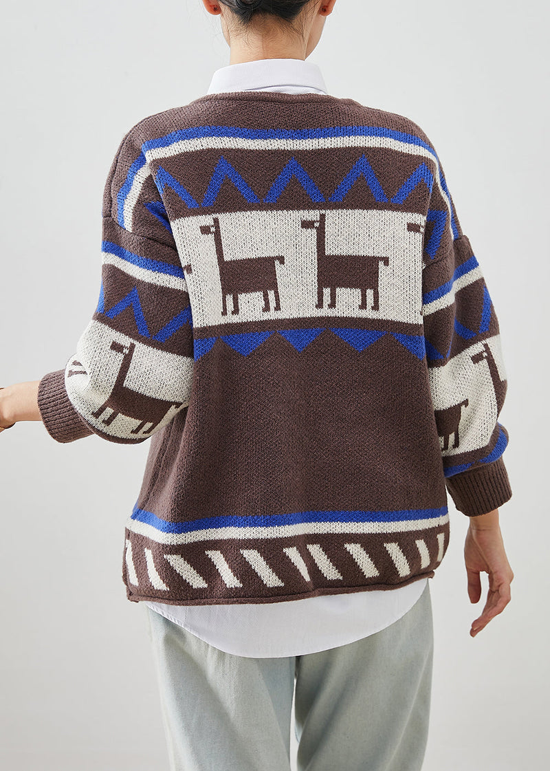 Italian Coffee O-neck Print Knit Cardigans Spring