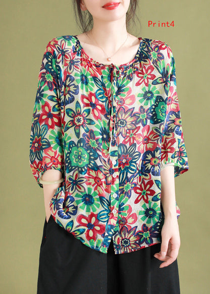 Loose O-neck Print Lace Up Cotton Shirt Top Half Sleeve