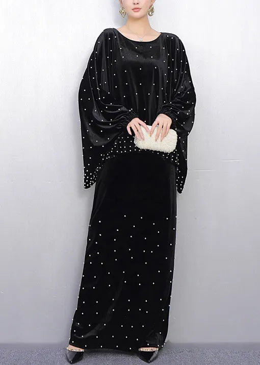 French Black Oversized Nail Bead Silk Velvet Two Piece Set Spring