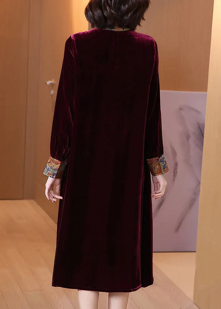 French Wine Red O-neck Pockets Silk Velour Dress Spring