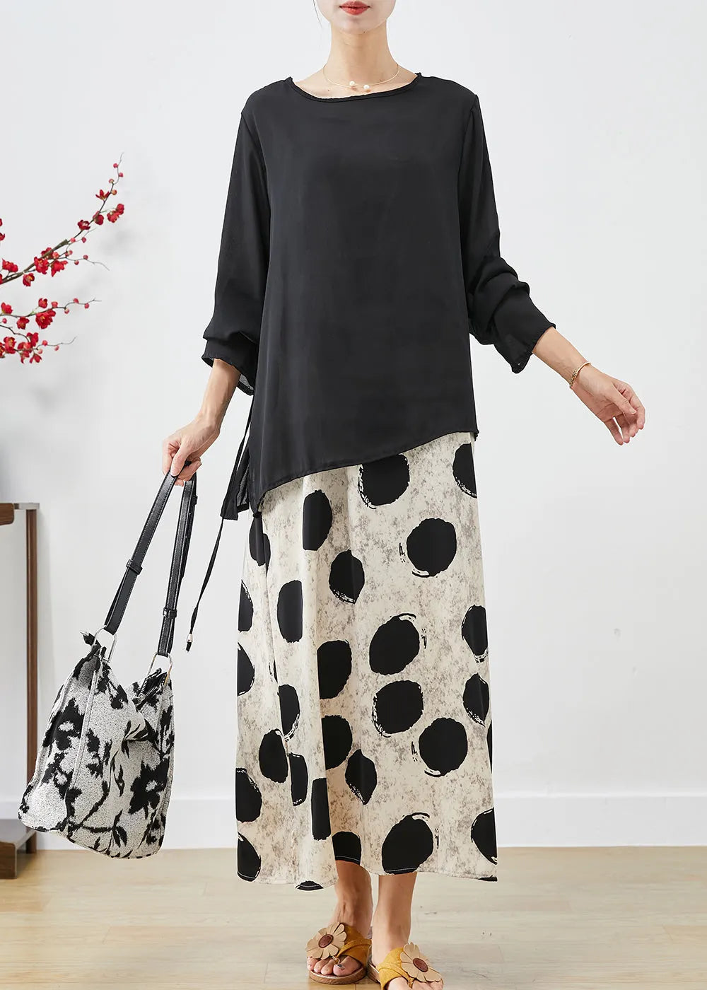 Asymmetrical Print Draping Chiffon Dress Two Pieces Set Fall