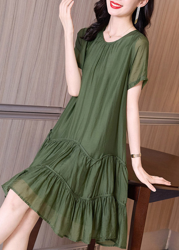 Boutique Blackish Green O-neck Ruffles Cinched Vacation Dresses Short Sleeve