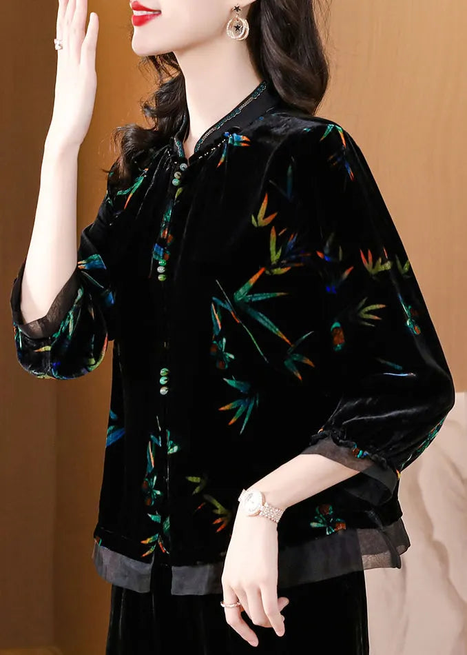 Black Stand Collar Print Silk Velour Shirts Spring
