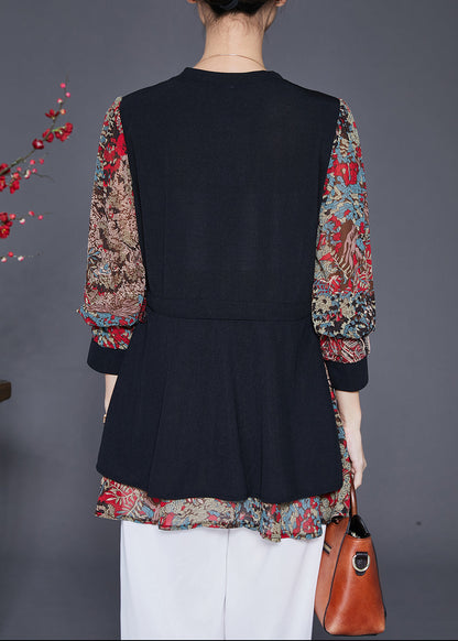 Red Print Patchwork Spandex Fake Two Piece Shirt Fall