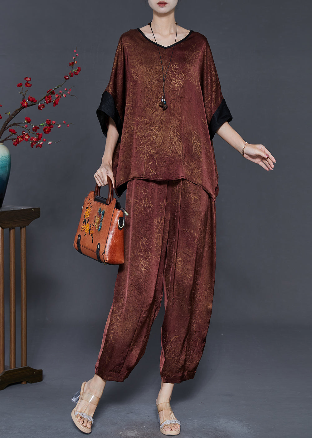 Brown Oversized Print Silk Two Pieces Set Summer