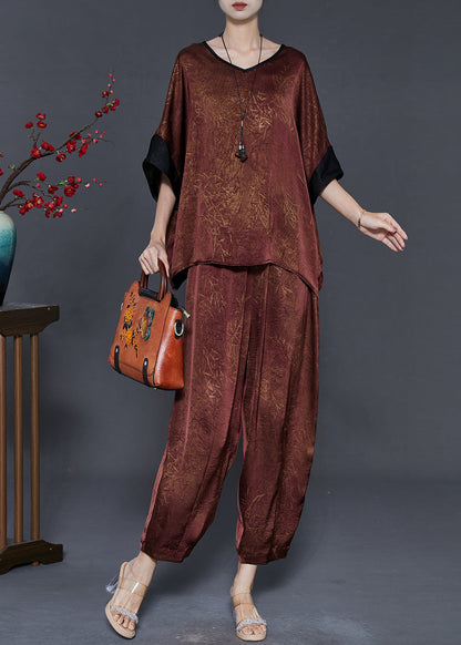 Brown Oversized Print Silk Two Pieces Set Summer