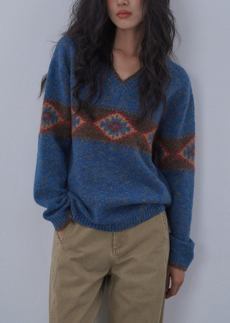 Italian Blue V Neck Jacquard Knitted Sweaters Tops Spring