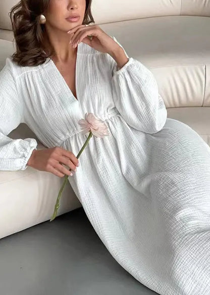 White V Neck Cotton Pajama Dress Fall