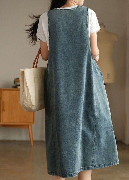 Blue V Neck Patchwork Denim Tank Dress Sleeveless
