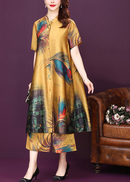 Yellow Button Print Silk Shirt Top and Pants Sets Two Pieces High Waist Summer