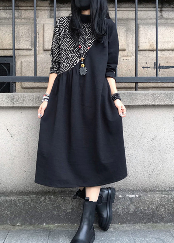 Black O-neck Asymmetrical Patchwork Cotton Maxi Dress Long Sleeve