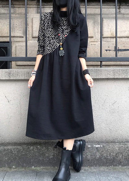 Black O-neck Asymmetrical Patchwork Cotton Maxi Dress Long Sleeve