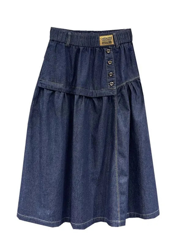Loose Denim Blue Patchwork Button Elastic Waist a Line Skirt Summer