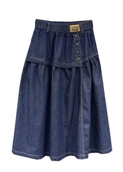 Loose Denim Blue Patchwork Button Elastic Waist a Line Skirt Summer