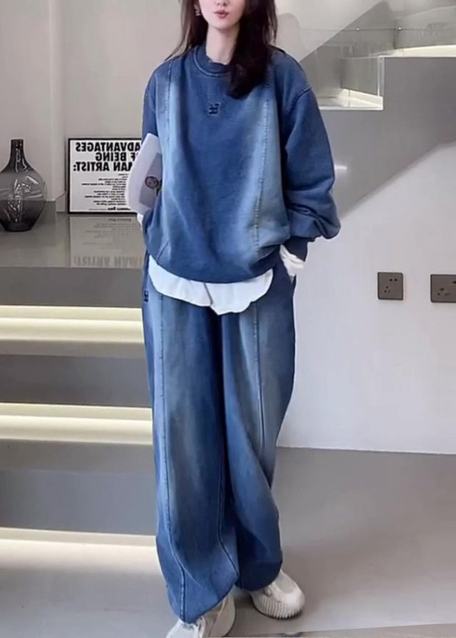 Blue Oversized Patchwork Denim Two Pieces Set Spring