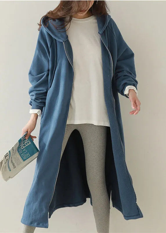 Blue Pockets Zippered Warm Fleece Coats Hooded Spring