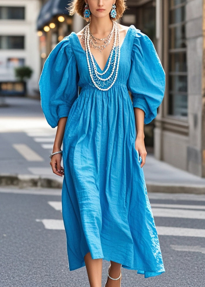 Blue Cotton Holiday Dress V Neck Puff Sleeve Summer