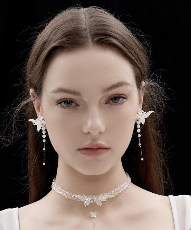 White Srerling Silver Butterfly Wings Tassel Drop Earrings