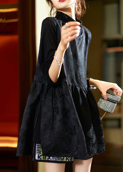Jacquard Black O-neck Side Open Patchwork Silk Sets 2 Pieces Spring
