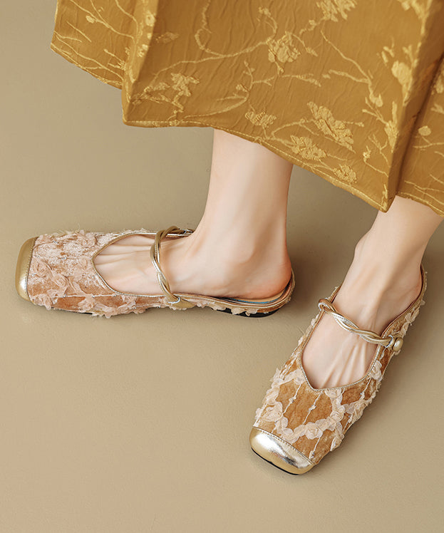 New Chinese Style Apricot Ruffled Print Cowhide Leather Slide Sandals