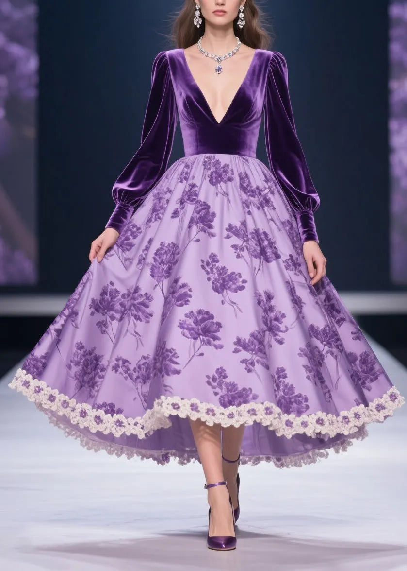 Purple Silk Velvet Patchwork Print Lace Long Dress V Neck Spring