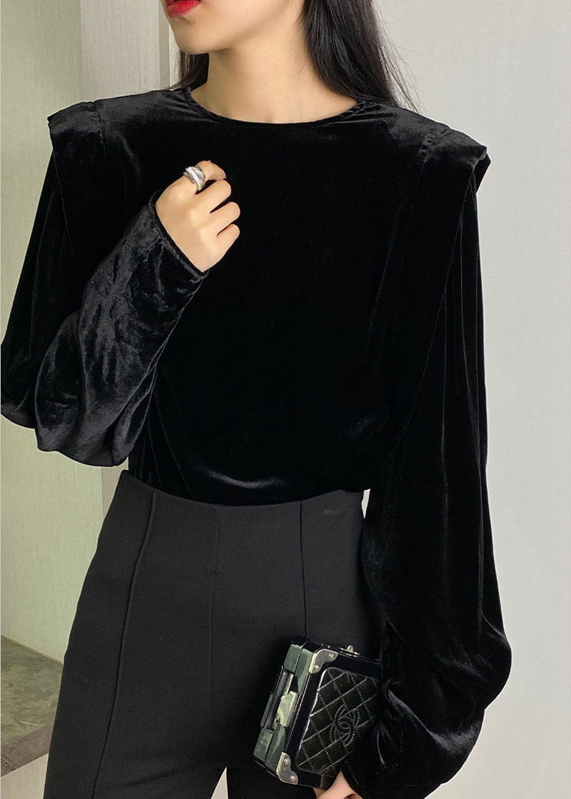 Black Button O-neck Silk Velour Tops Long Sleeve