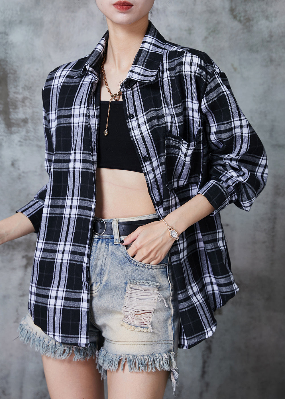 Black Oversized Plaid Cotton Shirt Top Fall