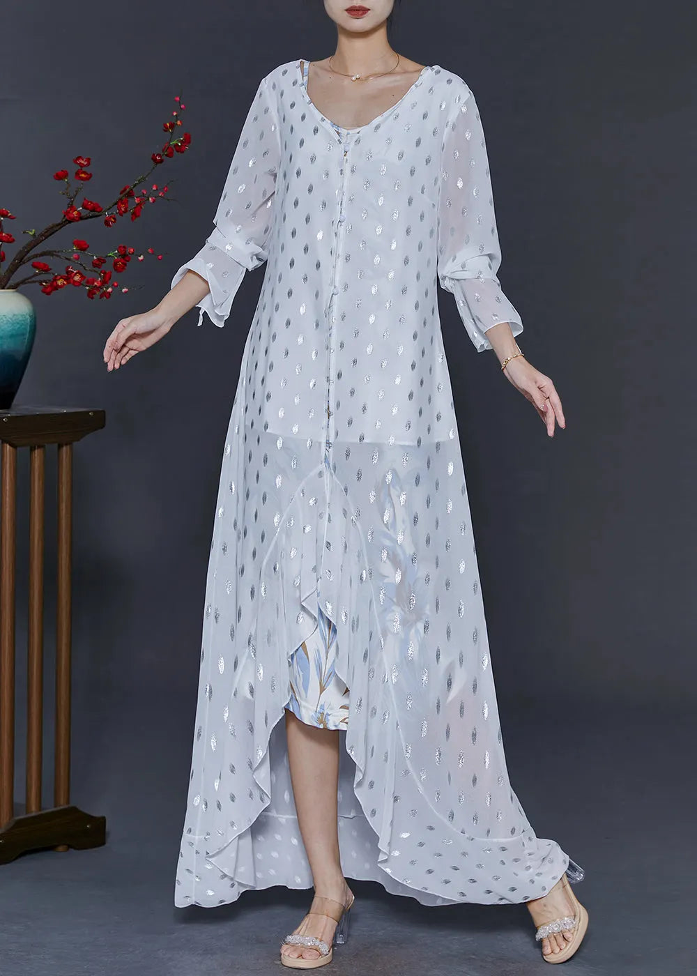Modern White Sequins Ruffles Chiffon Long Dresses Fall