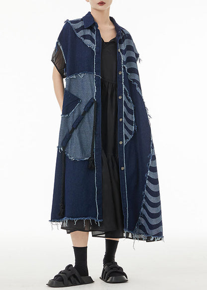 Blue Asymmetrical Patchwork Cotton Denim Long Cardigans Sleeveless
