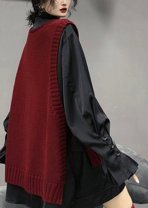 Black V Neck Side Open Knit Sweaters Fall