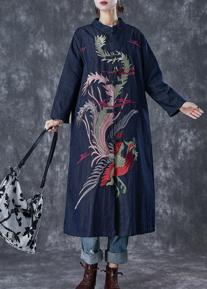 Navy Phoenix Embroideried Chinese Button Denim Trench Fall