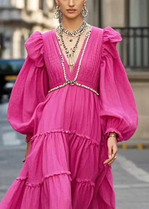 Rose Exra Large Hem Chain Linked Cotton Dresses Puff Sleeve