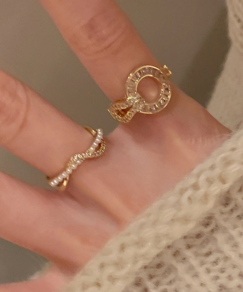 Stylish Gold Copper Inlaid Zircon Pearl Circle Hollow Out Two Piece Set Rings Rings