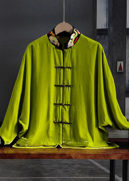 Green Stand Collar Embroideried Button Silk Velour Outwear Spring