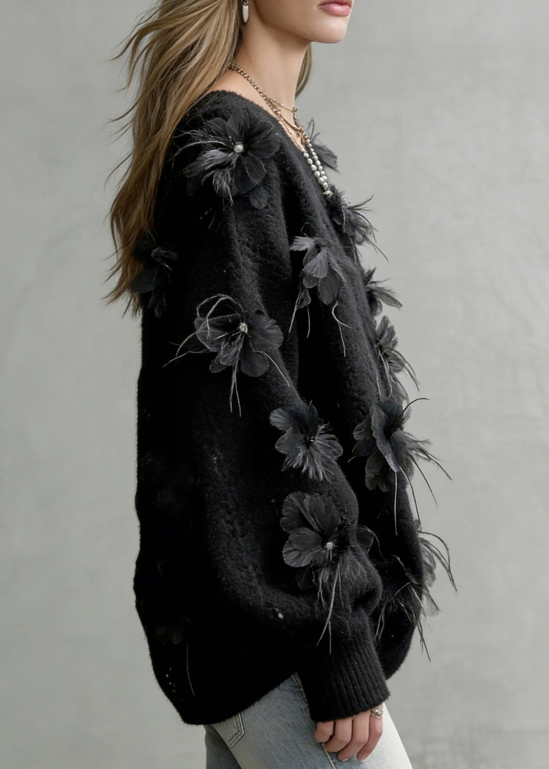 Black O-neck Hollow Out Knit Sweaters