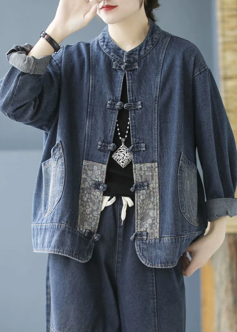 Blue Pockets Button Patchwork Fall Denim Long Sleeve Coat