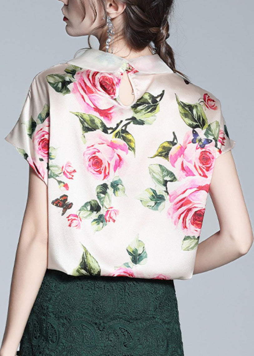 Italian Pink Peter Pan Collar Print Silk Tops Short Sleeve Summer
