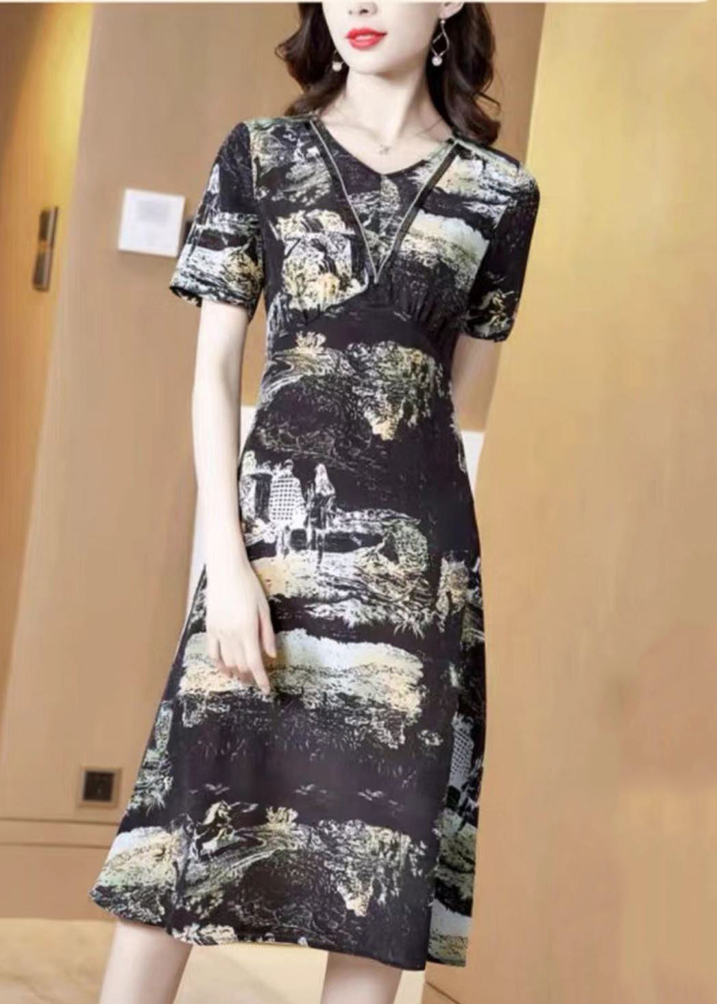 Black V Neck Print Silk Cinch Dress Short Sleeve