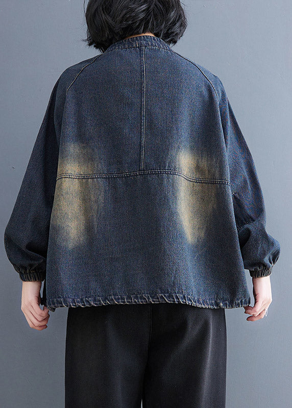 Blue Stand Collar Pockets Drawstring Denim Tops Spring