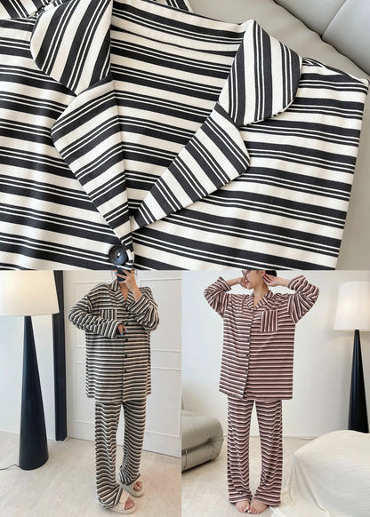 Black Striped Patchwork Cotton Two Piece Set Long Sleeve