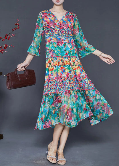 Green Print Chiffon Tea Dresses Bracelet Sleeve
