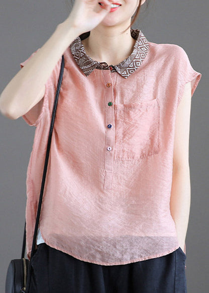 Pink Peter Pan Collar Patchwork Button Linen Short Sleeve