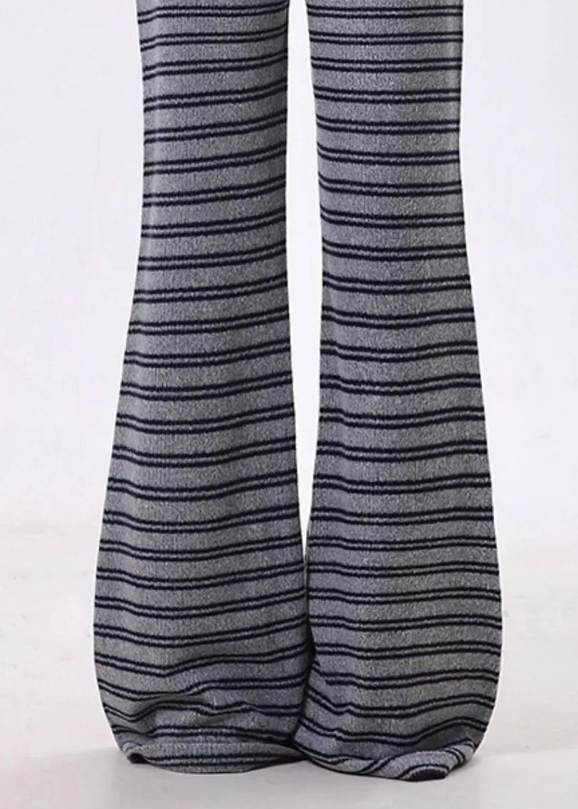 Grey Striped Cotton Bell-bottom Trousers Spring