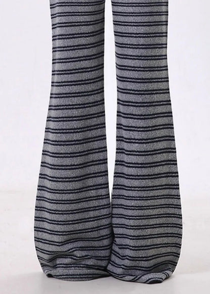 Grey Striped Cotton Bell-bottom Trousers Spring